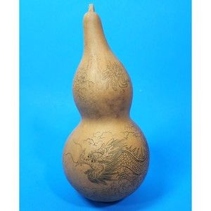 Chinese Carved Dragon Gourd Branched Horns Writing 7 in. High Real